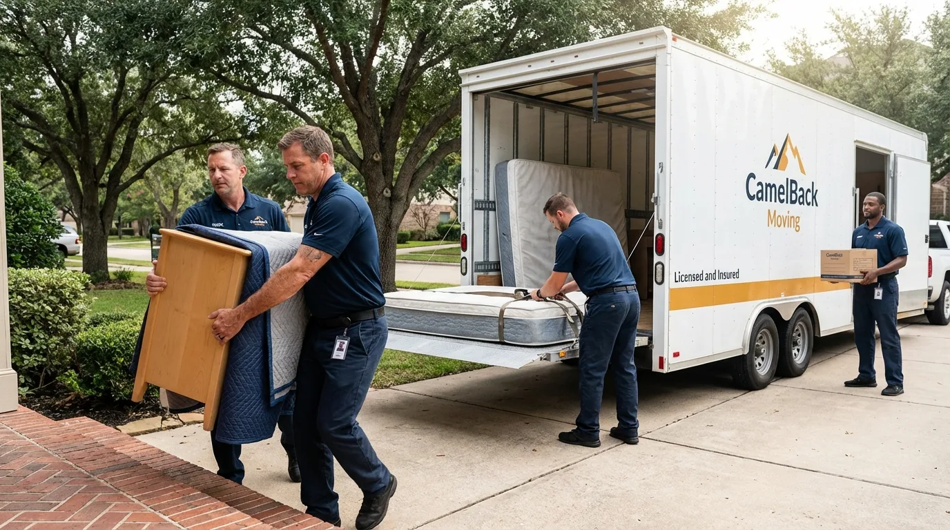 Crew loading residential truck for cross-state move from Greensburg, IN