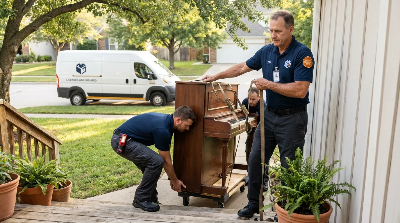 Licensed piano movers securing grand piano in Greensburg, IN