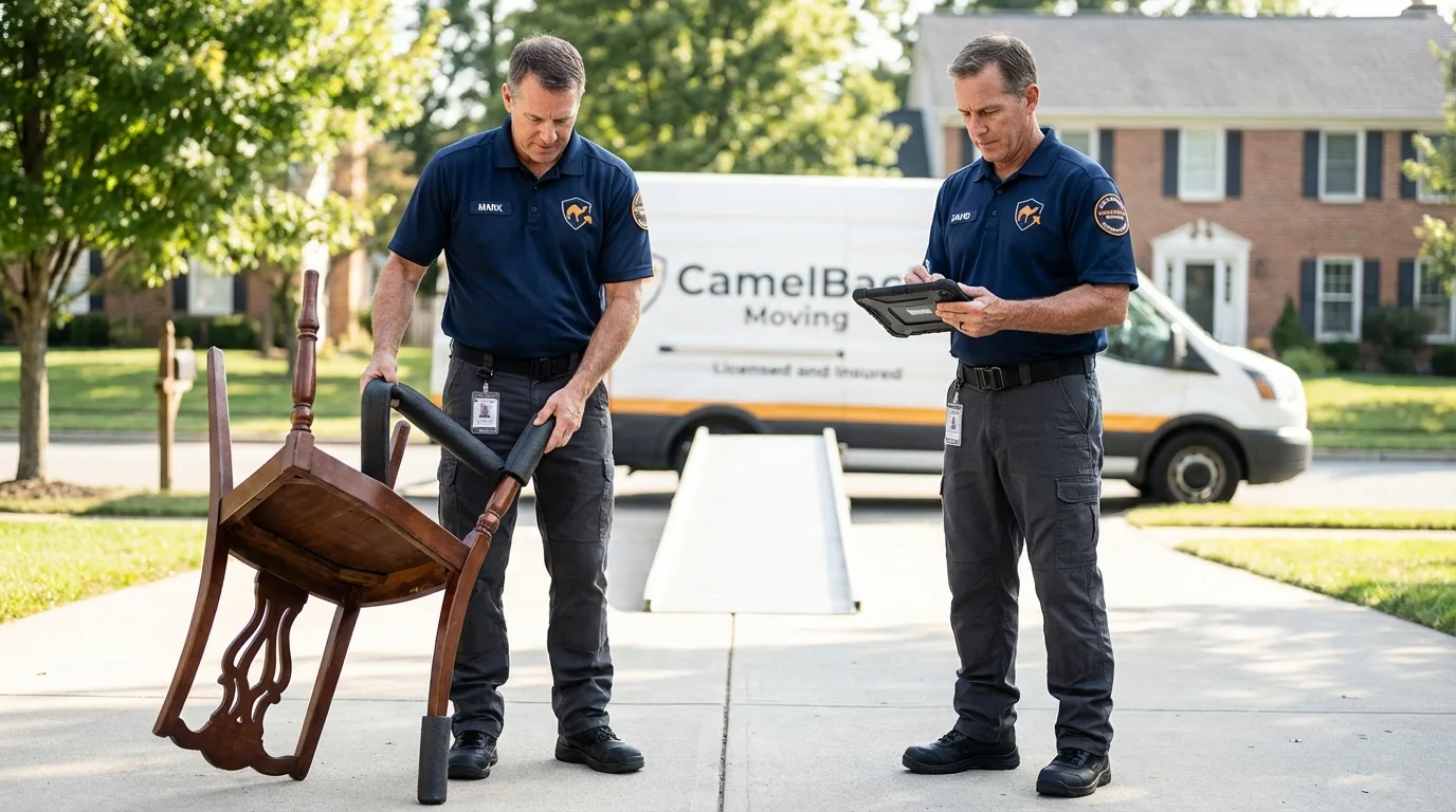 Movers inspecting furniture for damage prevention before loading in Greensburg, IN