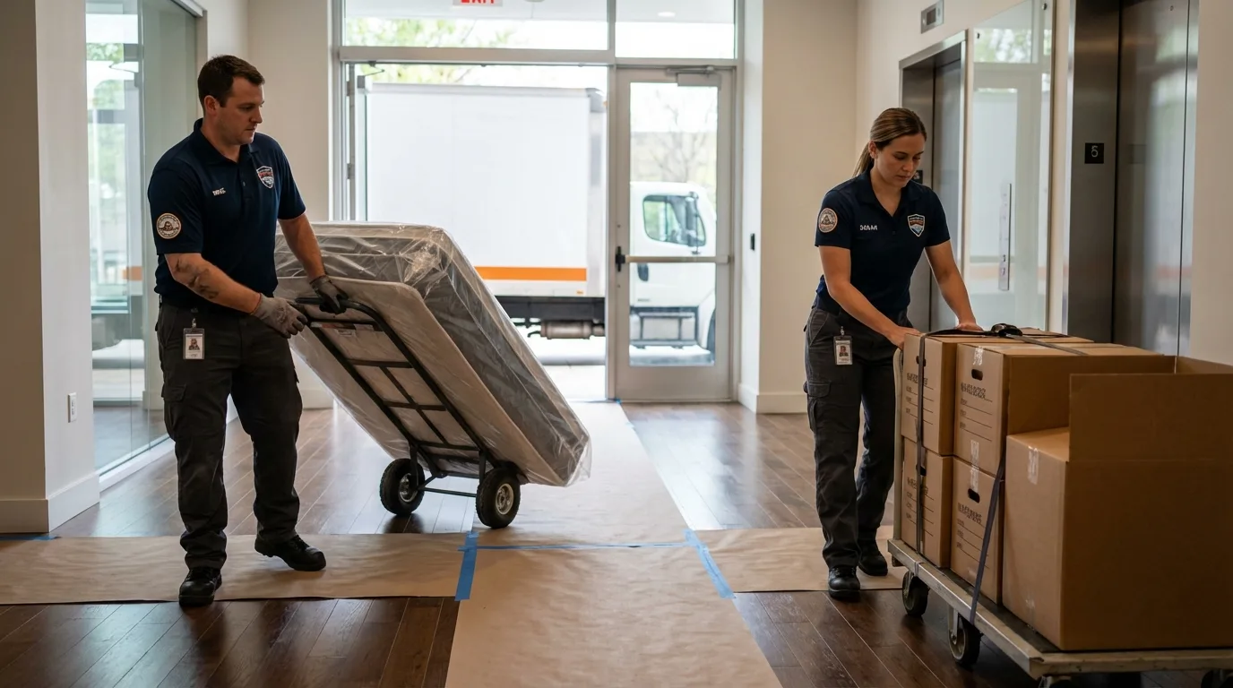 Professional apartment movers loading elevator in Greensburg, IN