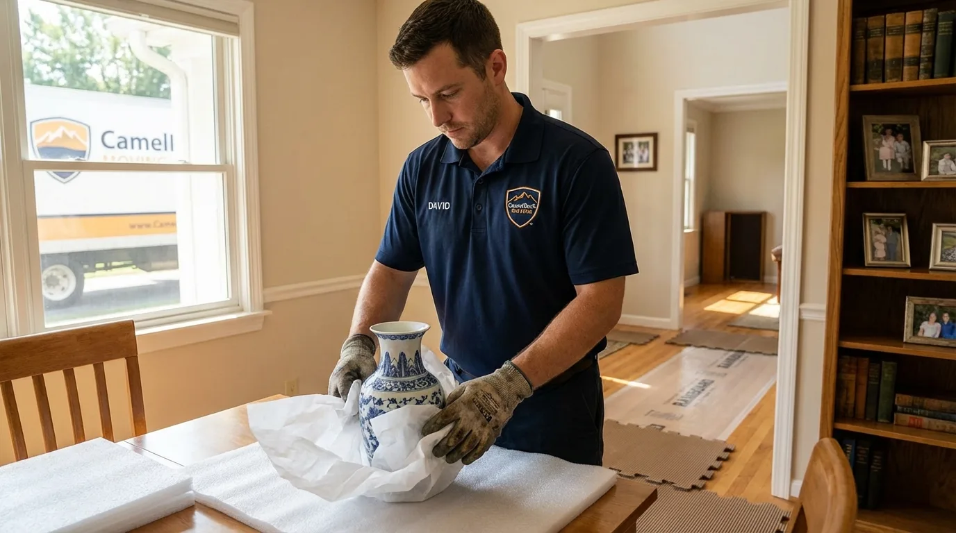 Professional crew carefully wrapping antique vase for senior downsizing move in Greensburg, IN